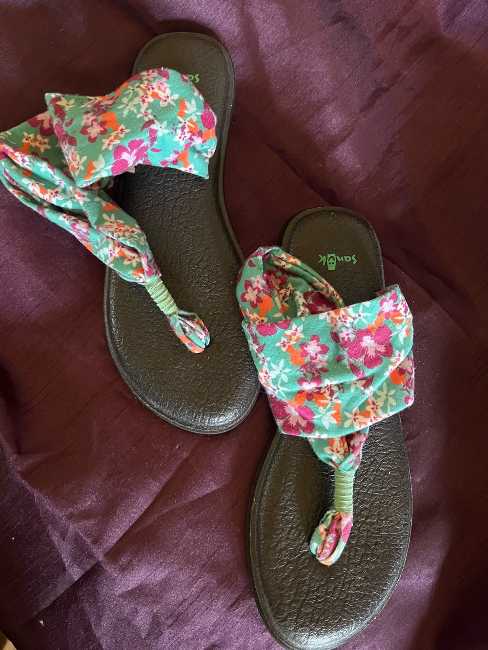 Sanuk Floral Fabric Toe-Loop Sandals in Mint, Pink & Orange